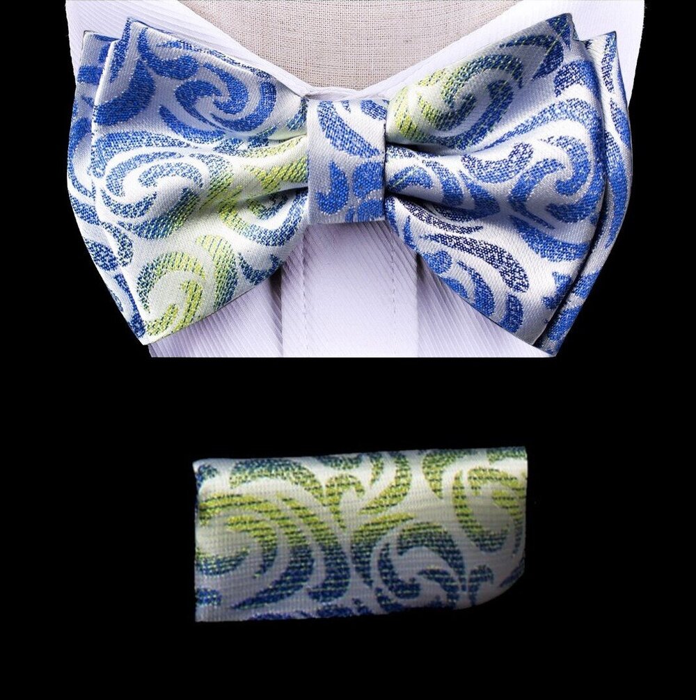 A Green, Blue Color Abstract Swirls Pattern Silk Kids Pre-Tied Bow Tie, Matching Pocket Square 