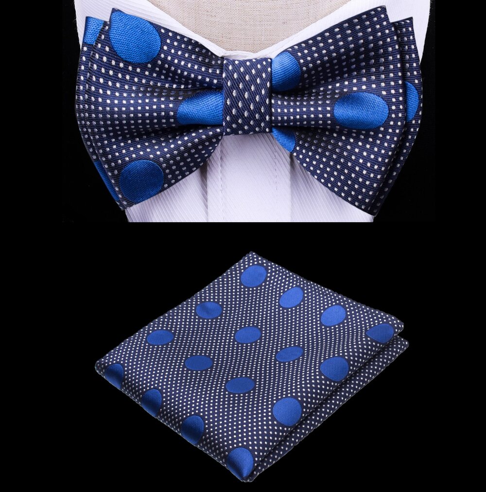 A Dark Blue, Blue Color Polka Dot Pattern Silk Kids Pre-Tied Bow Tie, Matching Pocket Square