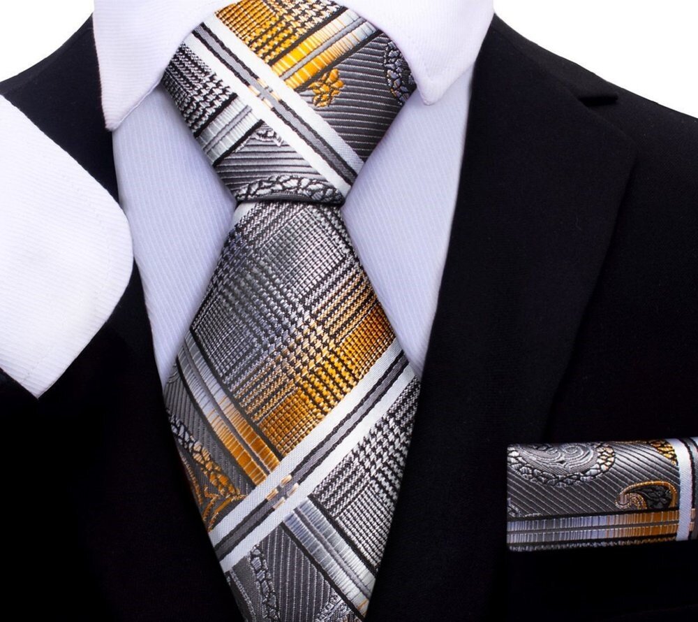 An Orange, Black, White, Grey Paisley Geometric Pattern Silk Necktie, Matching Pocket Square