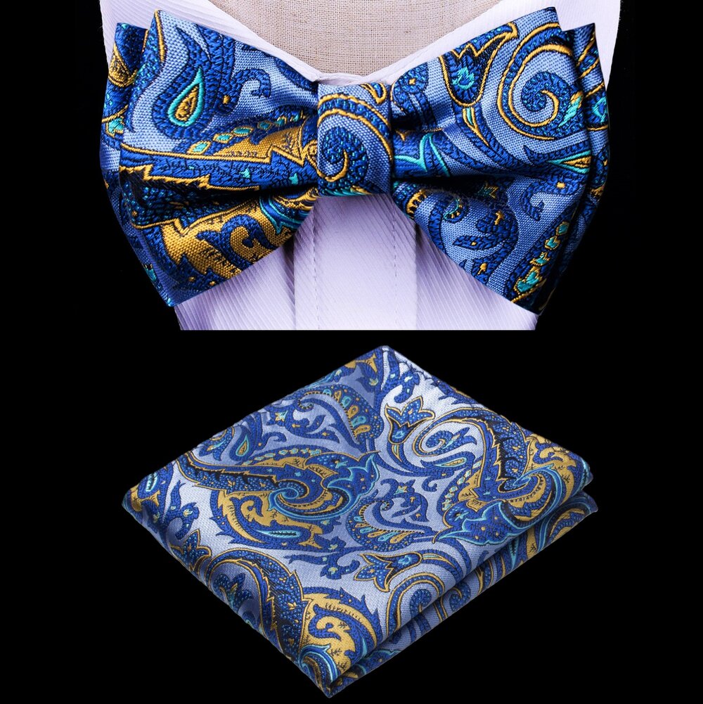 A Blue, Yellow Color Paisley Pattern Silk Kids Pre-Tied Bow Tie, Matching Pocket Square