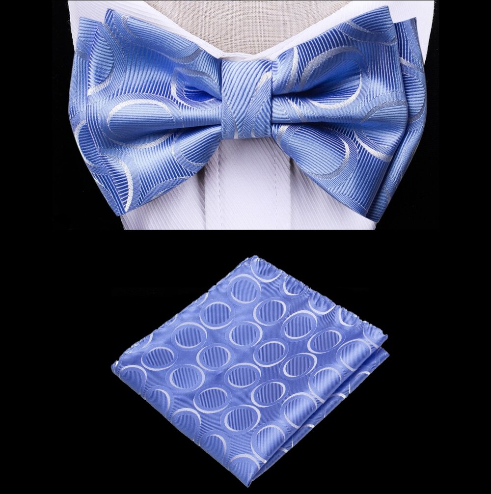 A Blue, White Color Ring Pattern Silk Kids Pre-Tied Bow Tie, Matching Pocket Square 