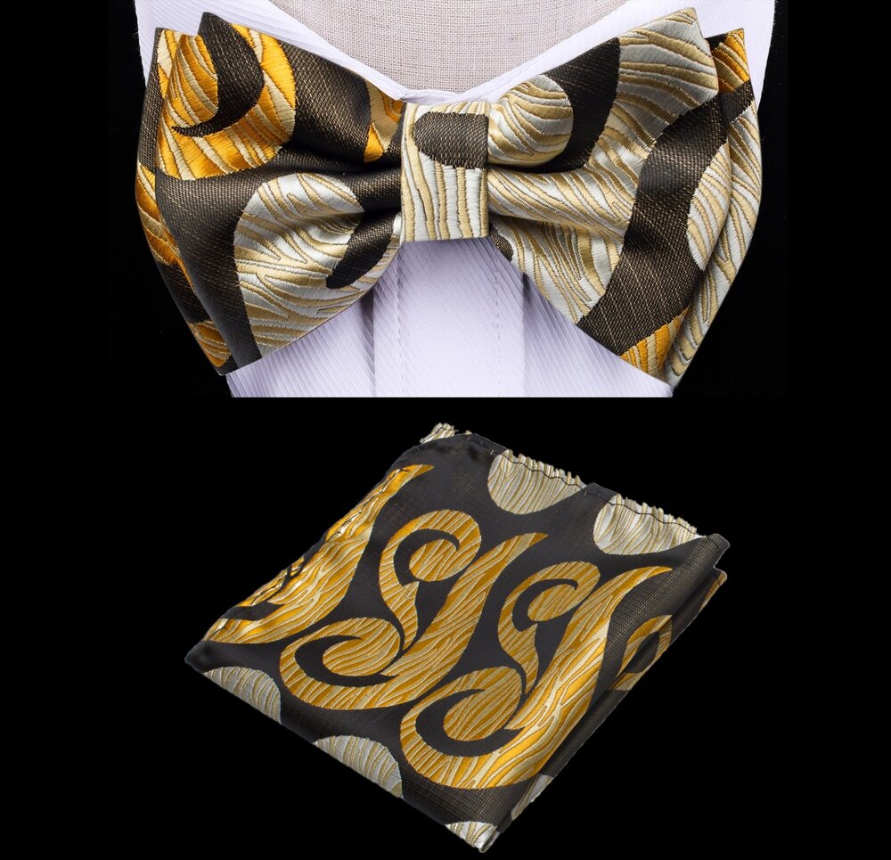 A Brown, Yellow, Brown Color Abstract Swirl Pattern Silk Kids Pre-Tied Bow Tie, Matching Pocket Square