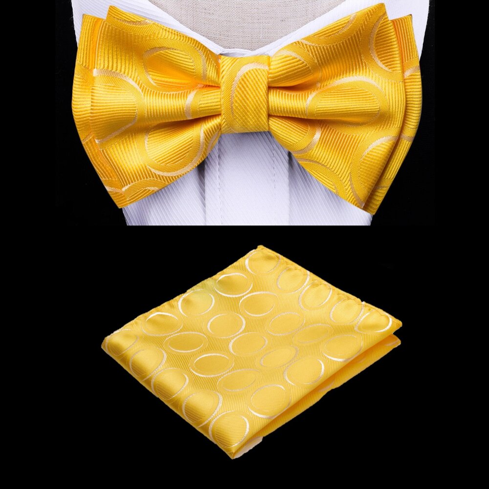 A Yellow, white Color With Abstract Rings Pattern Silk Kids Pre-Tied Bow Tie, Matching Pocket Square
