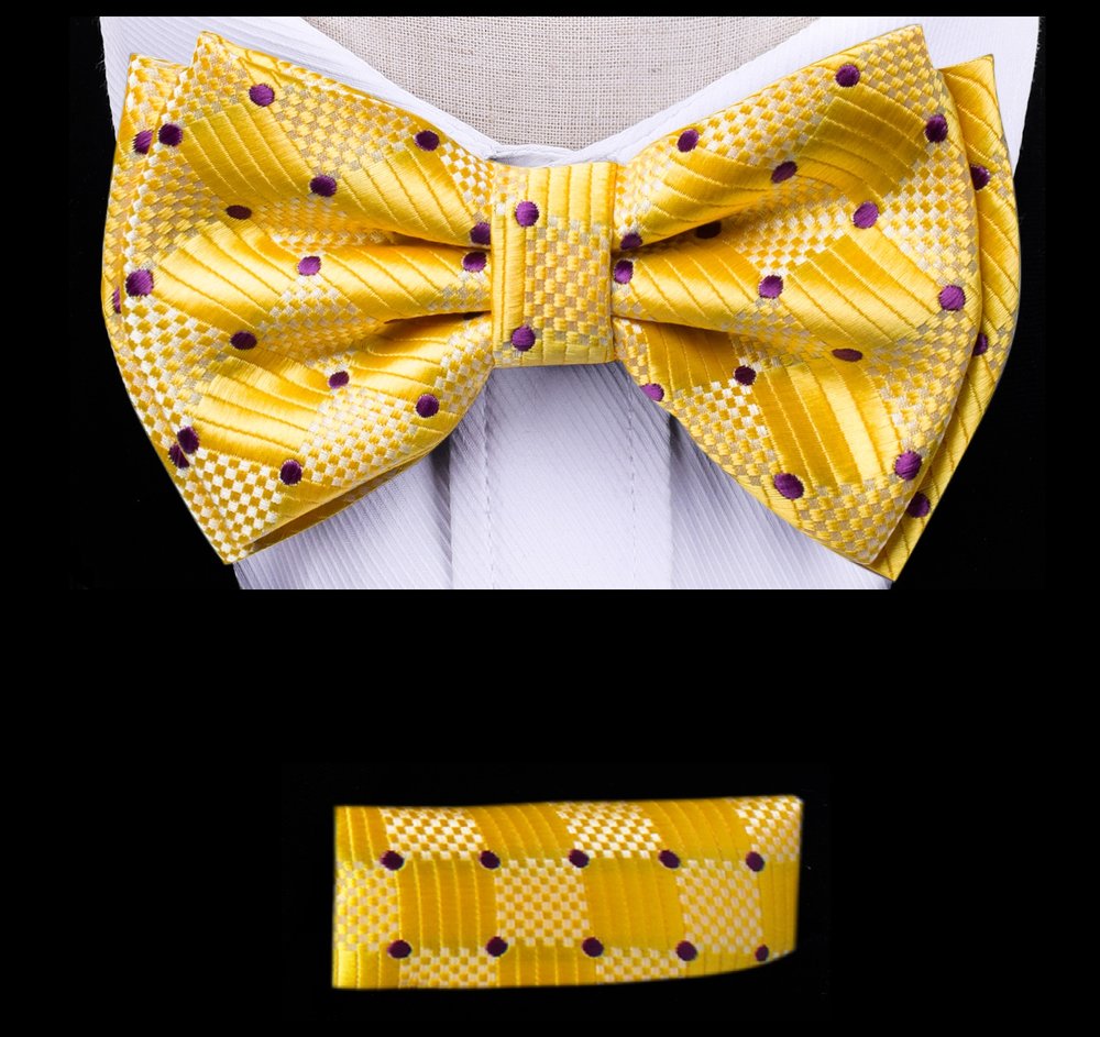 A Yellow, Purple Color With Geometric Texture and Small Dot Pattern Silk Kids Pre-Tied Bow Tie, Matching Pocket Square and Cuff-links