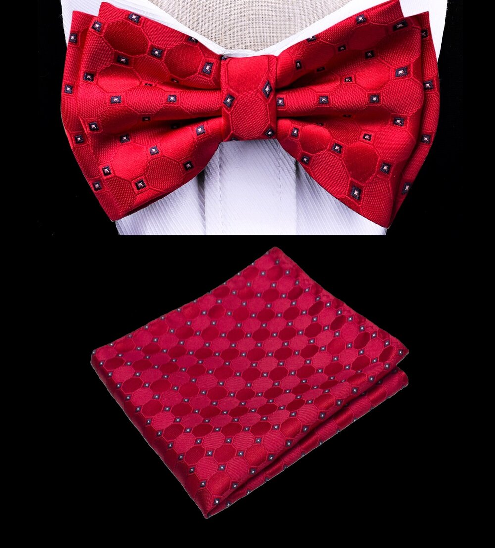 A Red, Black, White Color With Geometric and Small Check Pattern Silk Kids Pre-Tied Bow Tie, Matching Pocket Square