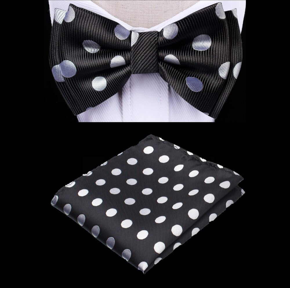 A Black, Light Grey Color With Polka Pattern Silk Kids Pre-Tied Bow Tie, Matching Pocket Square 