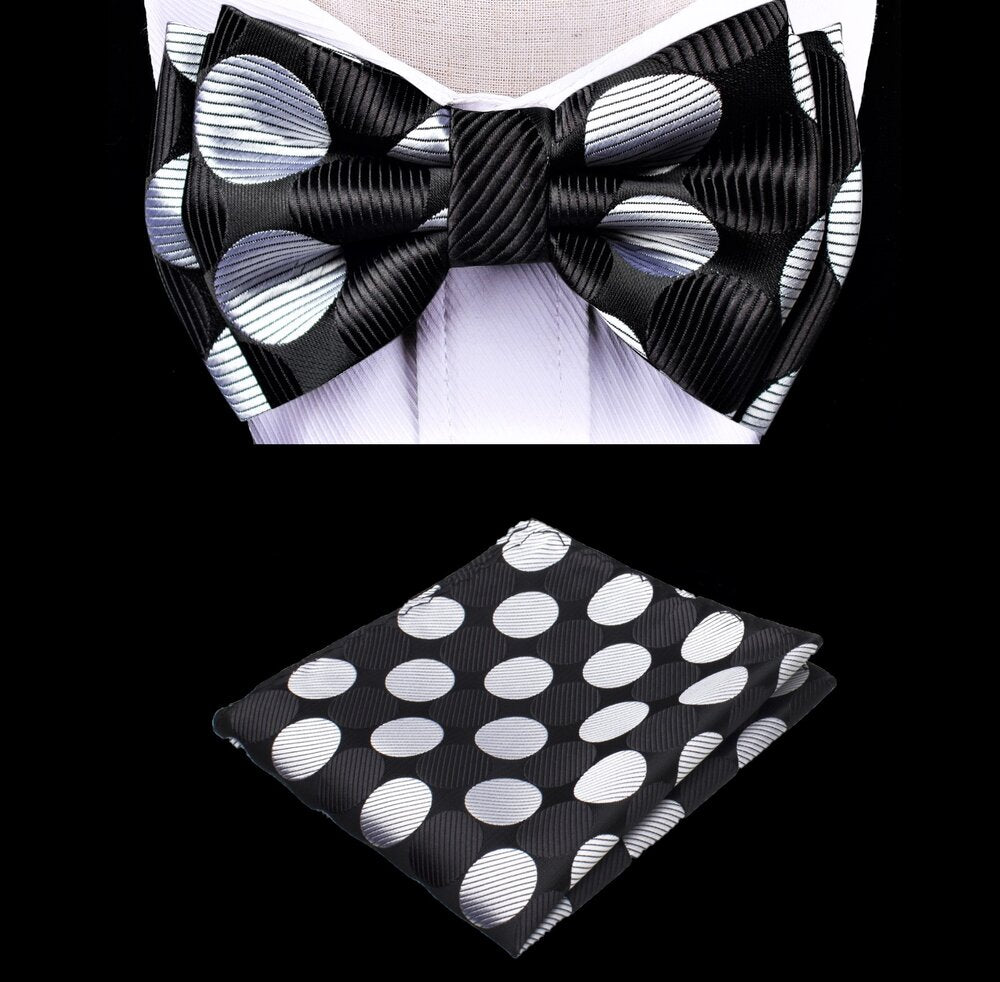 Black, Light Silver Large Polka Bow Tie and Pocket Square