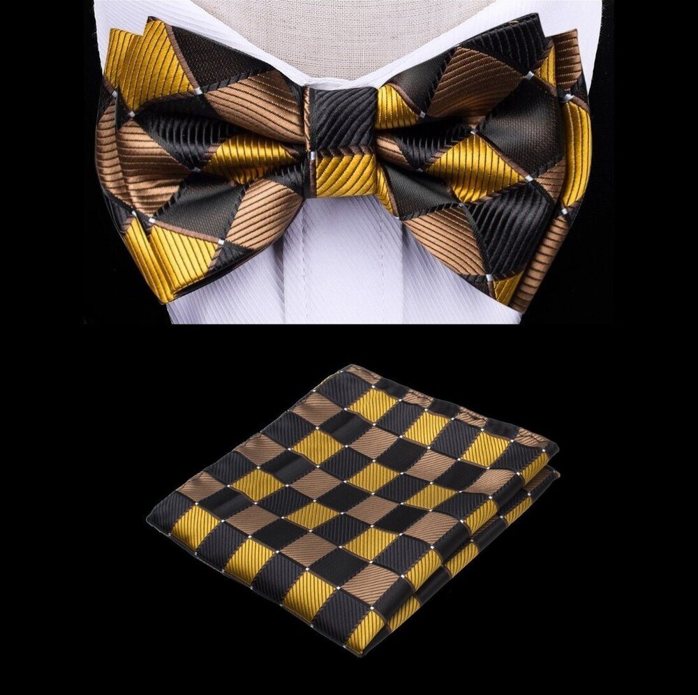 A Gold, Brown, Black Color With Geometric Diamonds Pattern Silk Kids Pre-Tied Bow Tie, Matching Pocket Square