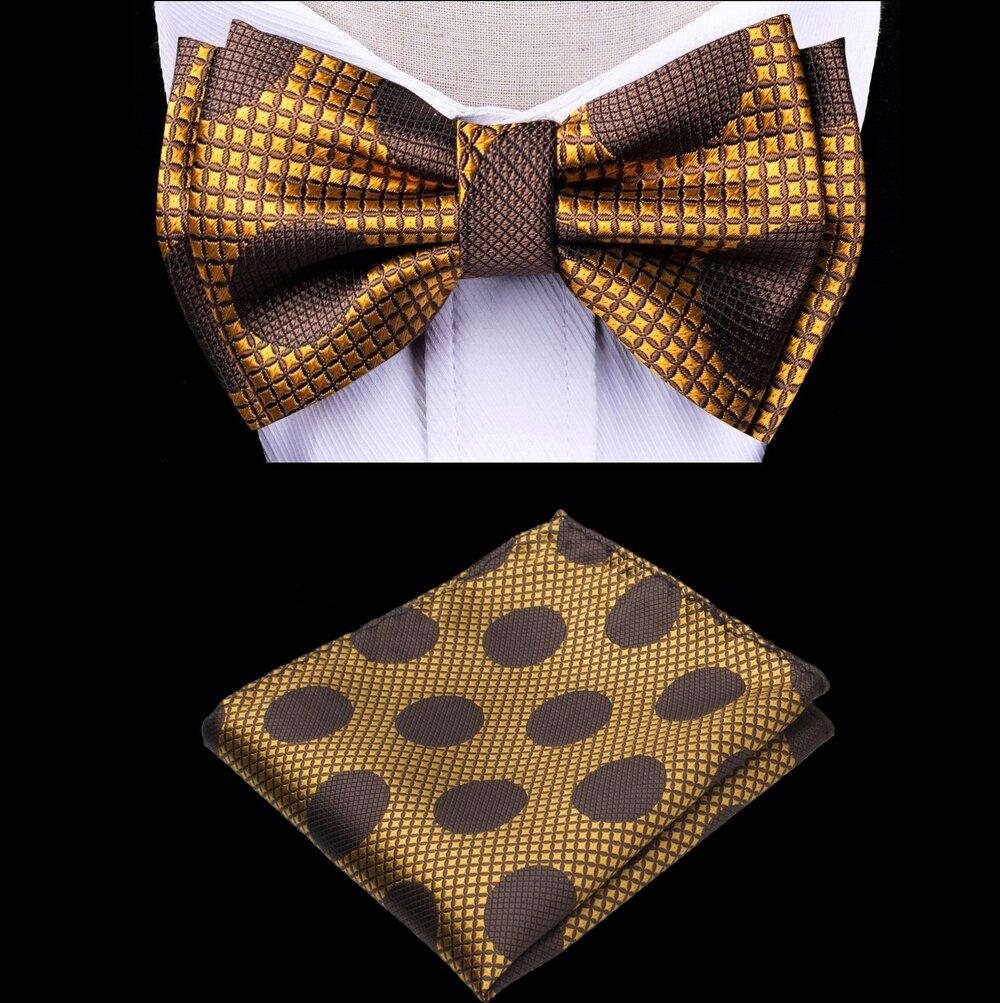 A Copper, Brown Color Polka Pattern Silk Kids Pre-Tied Bow Tie, Matching Pocket Square