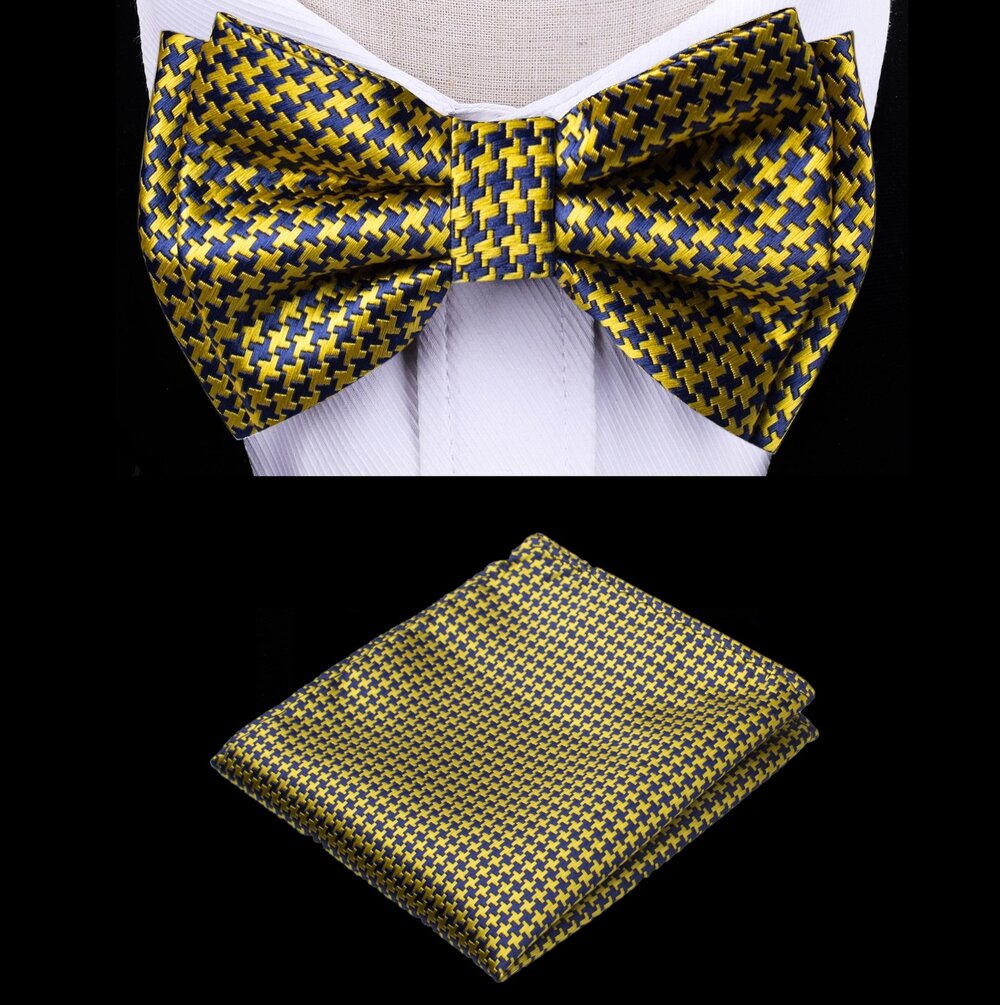 A Gold, Blue Color Hounds-tooth Pattern Silk Kids Pre-Tied Bow Tie, Matching Pocket Square