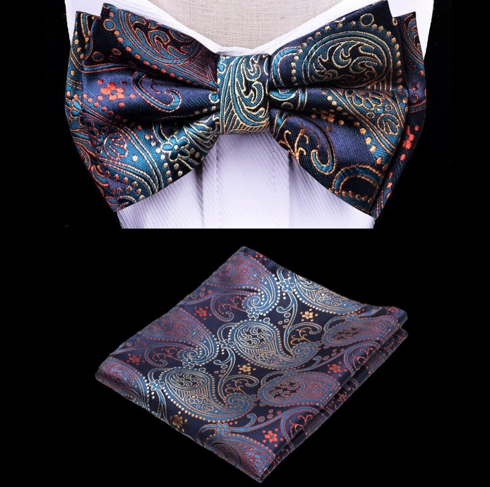 A Blue, Red Color With Paisley Pattern Silk Kids Pre-Tied Bow Tie, Matching Pocket Square