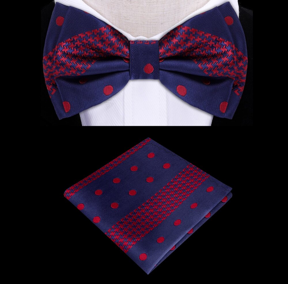 A Red, Blue Color With Hounds-tooth and Polka Pattern Silk Kids Pre-Tied Bow Tie, Matching Pocket Square 