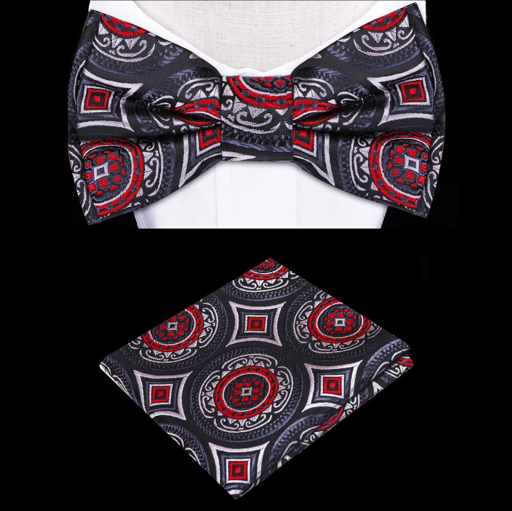 A Black, Grey, Red Color Geometric Shapes Pattern Silk Kids Pre-Tied Bow Tie, Matching Pocket Square