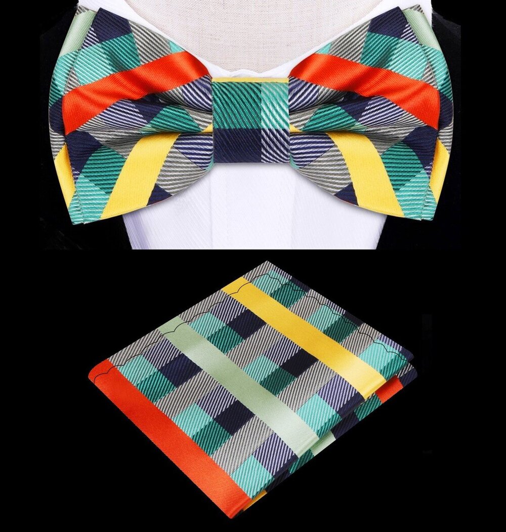 A Green, Yellow, Orange Color With Check Pattern Silk Kids Pre-Tied Bow Tie, Matching Pocket Square 
