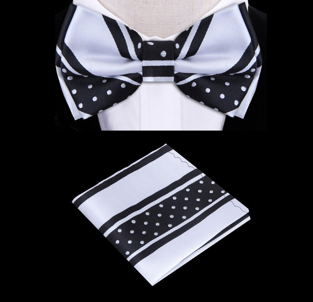 A White, Black Color With Stripe and Polka Pattern Silk Kids Pre-Tied Bow Tie, Matching Pocket Square