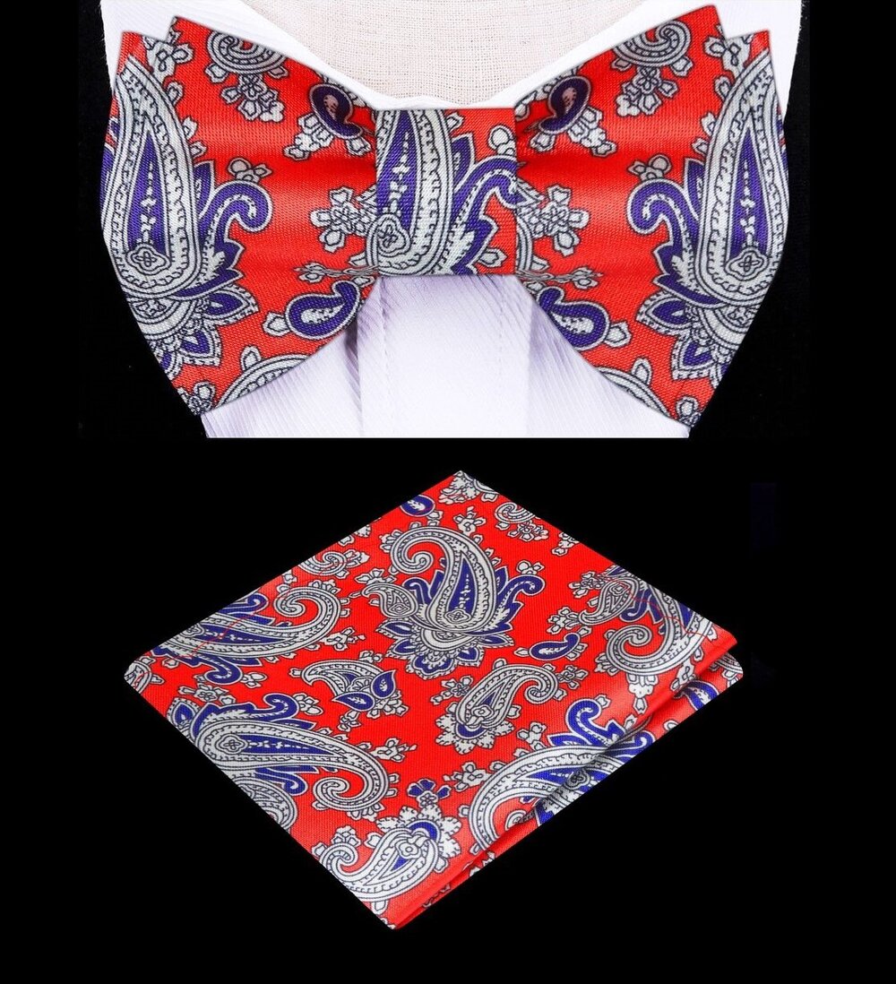 A Red, Blue Paisley Pattern Silk Self Tie Bow Tie, Matching Pocket Square||Red, Blue, Off White