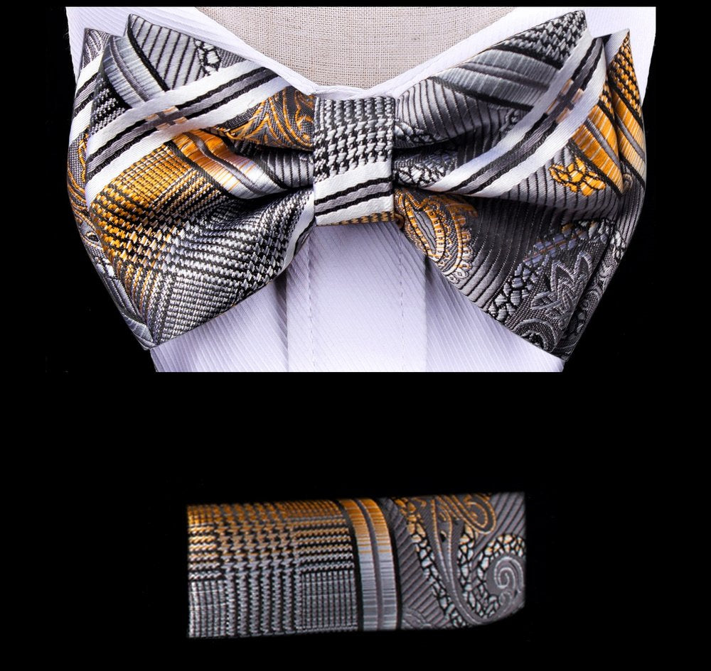 A Black, Grey, Orange Color Paisley Pattern Silk Kids Pre-Tied Bow Tie, Matching Pocket Square 