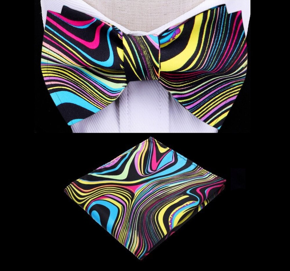 A Yellow, White, Light Blue, Pink, Black Color With Abstract Swirl Pattern Silk Kids Pre-Tied Bow Tie, Matching Pocket Square