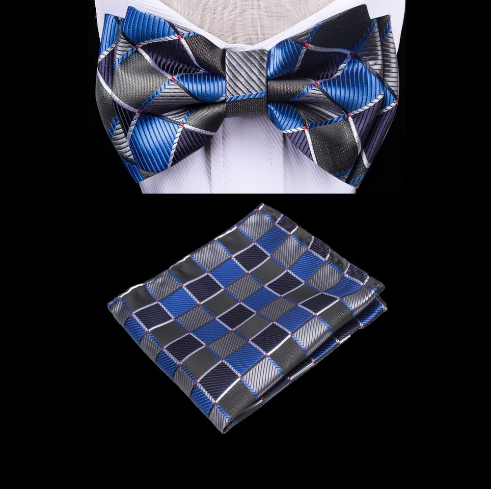 Black, Grey, Blue Check Bow Tie and Pocket Square