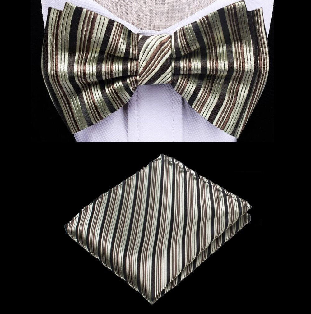 A Brown, Gold, Black Stripe Pattern Silk Pre Tied Bow Tie, Matching Pocket Square