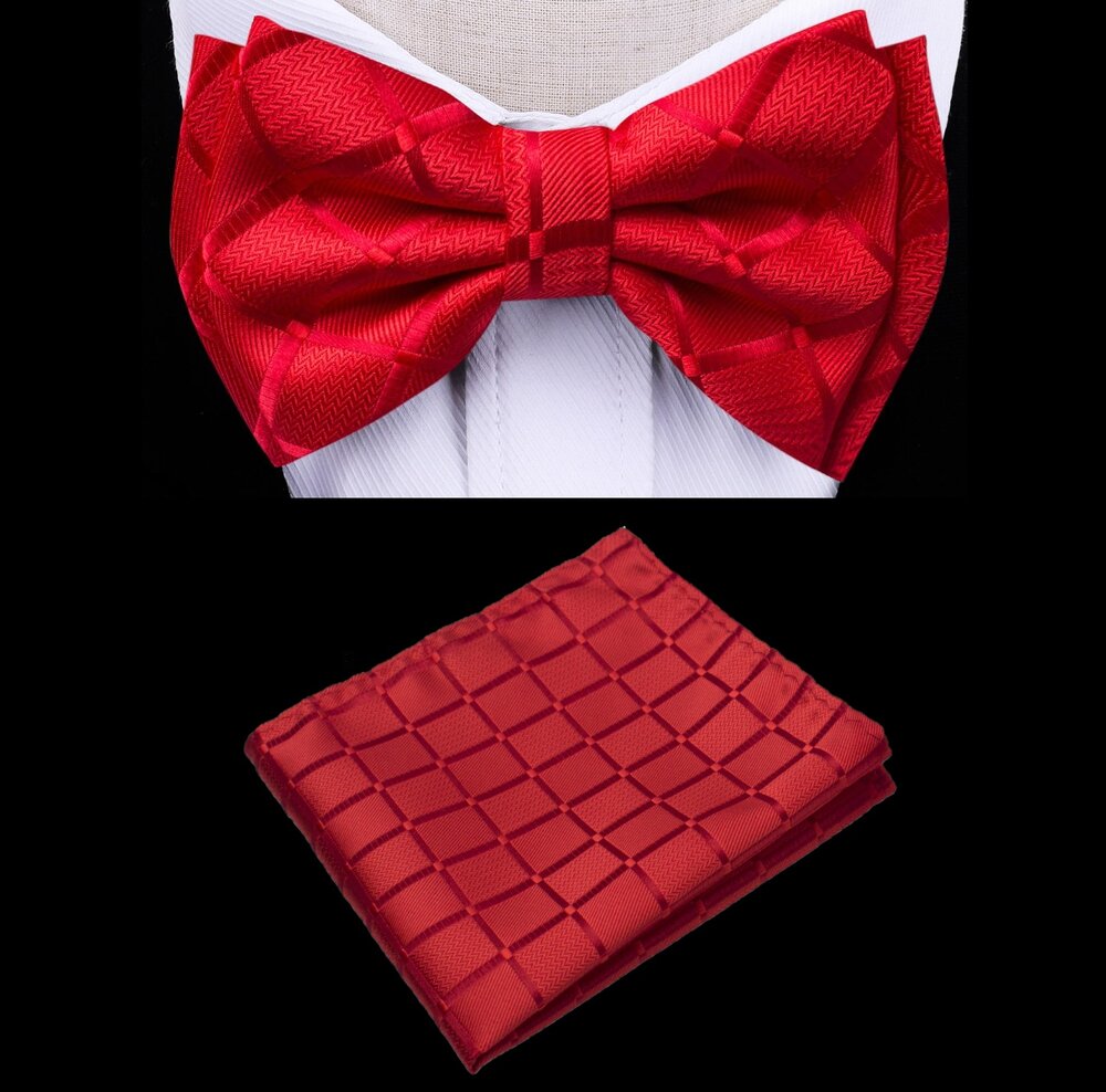 Solid Red with Geometric Texture Bow Tie and Pocket Square