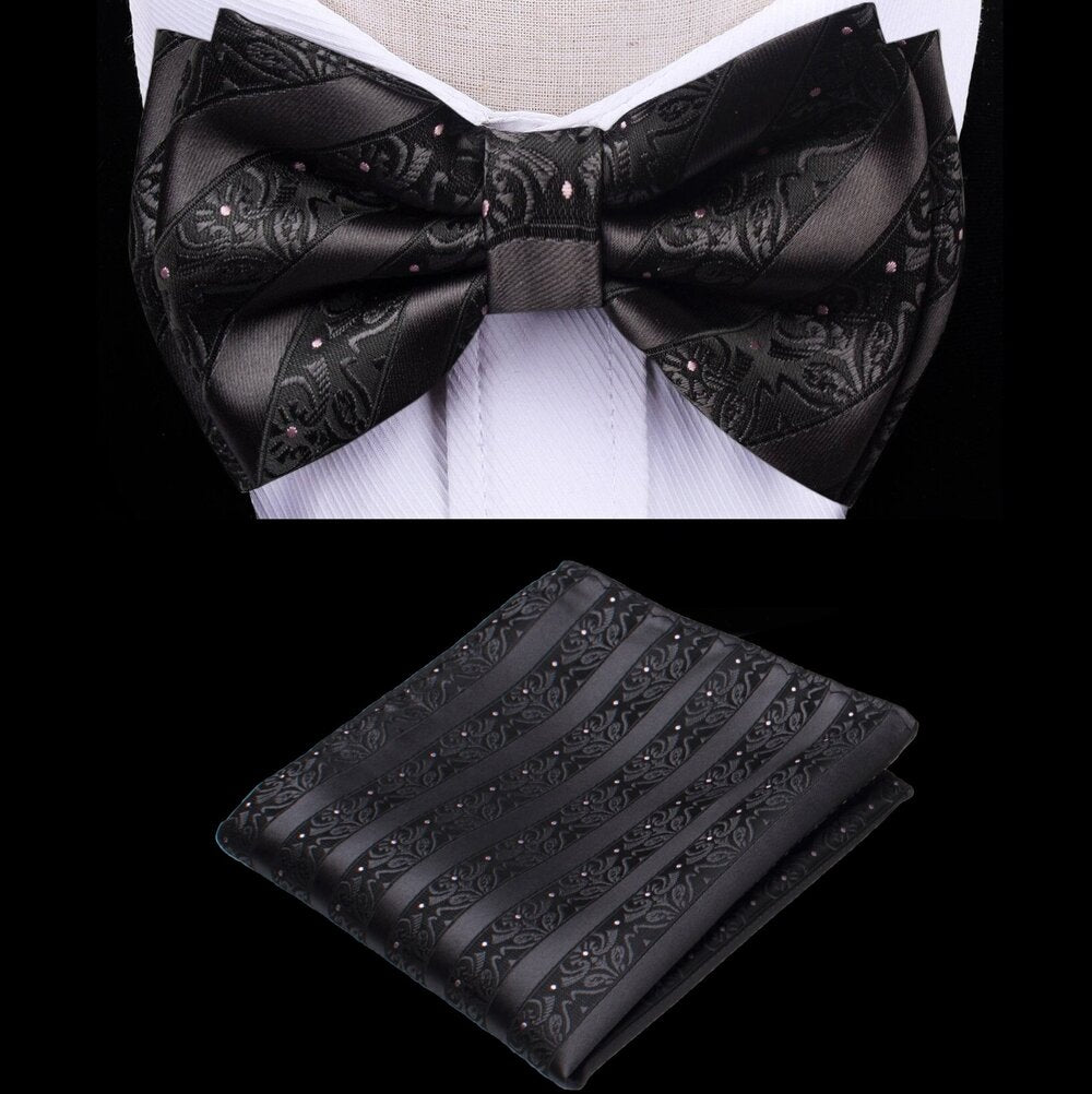 A Black Color Intricate Vine Texture Pattern Silk Kids Pre-Tied Bow Tie, Matching Pocket Square