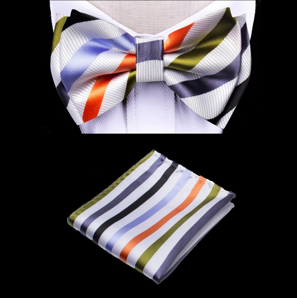 A White, Orange, Olive, Black Color With Geometric Diamond Pattern Silk Kids Pre-Tied Bow Tie, Matching Pocket Square 