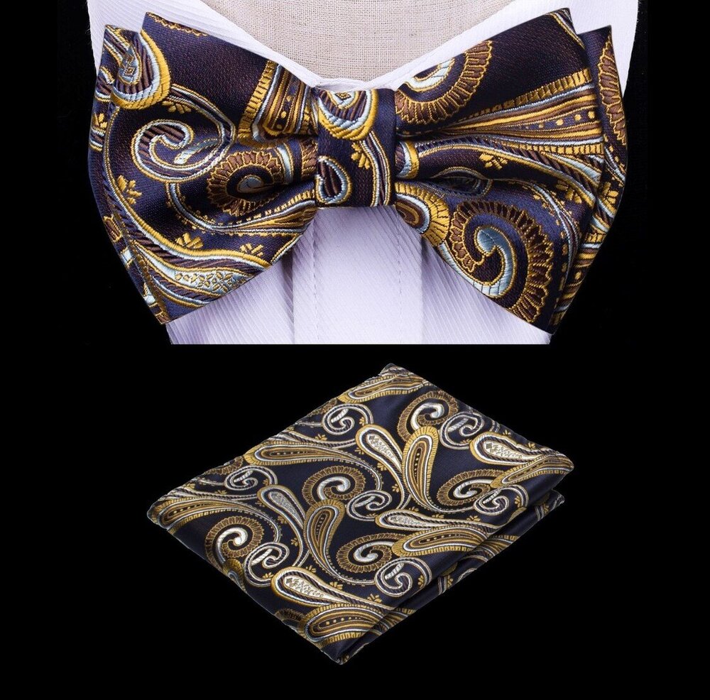 A Blue, Gold Color With Paisley Pattern Silk Kids Pre-Tied Bow Tie, Matching Pocket Square