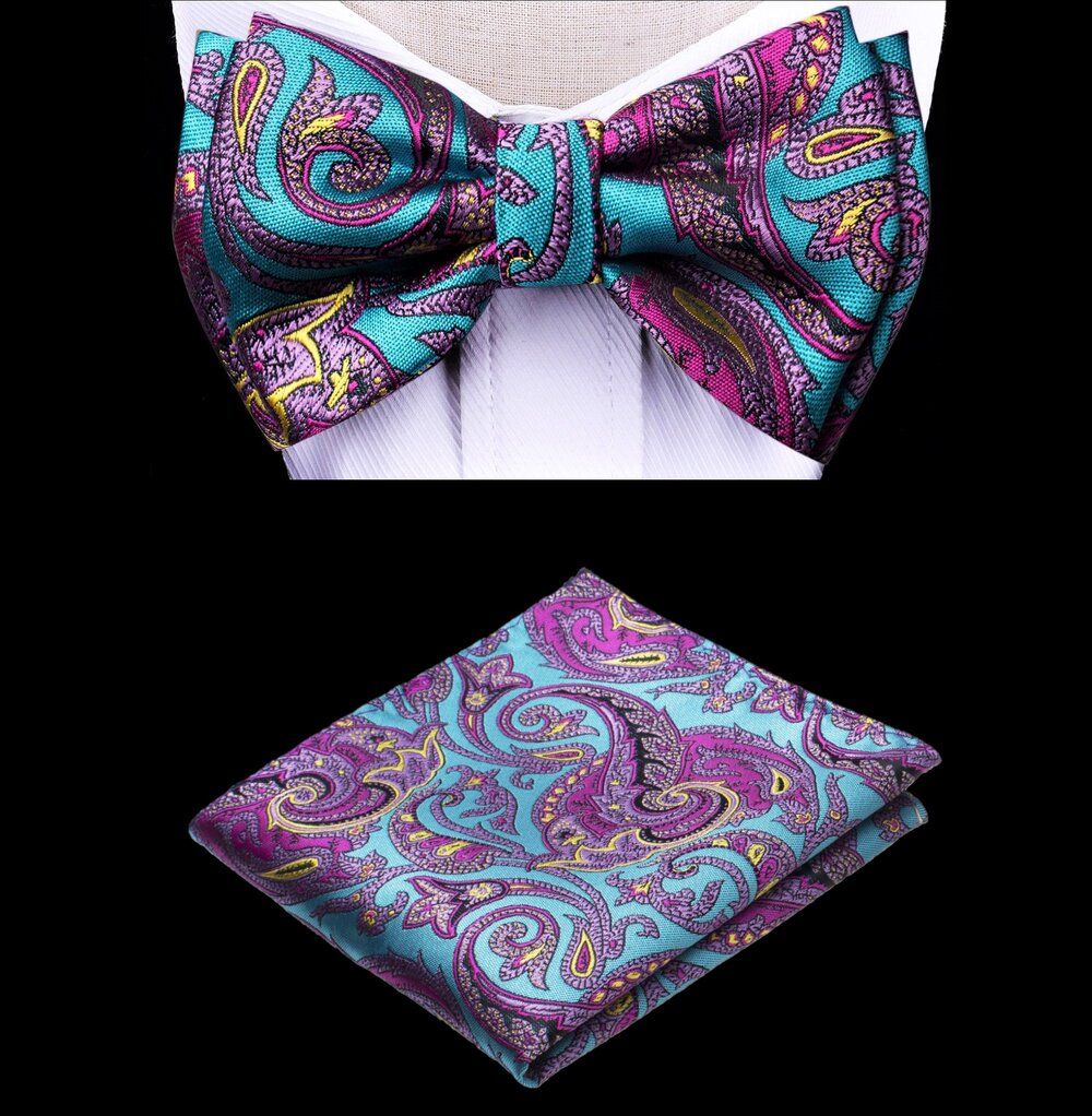 A Light Teal, Pink Yellow Color Intricate Paisley Pattern Silk Kids Pre-Tied Bow Tie, Matching Pocket Square