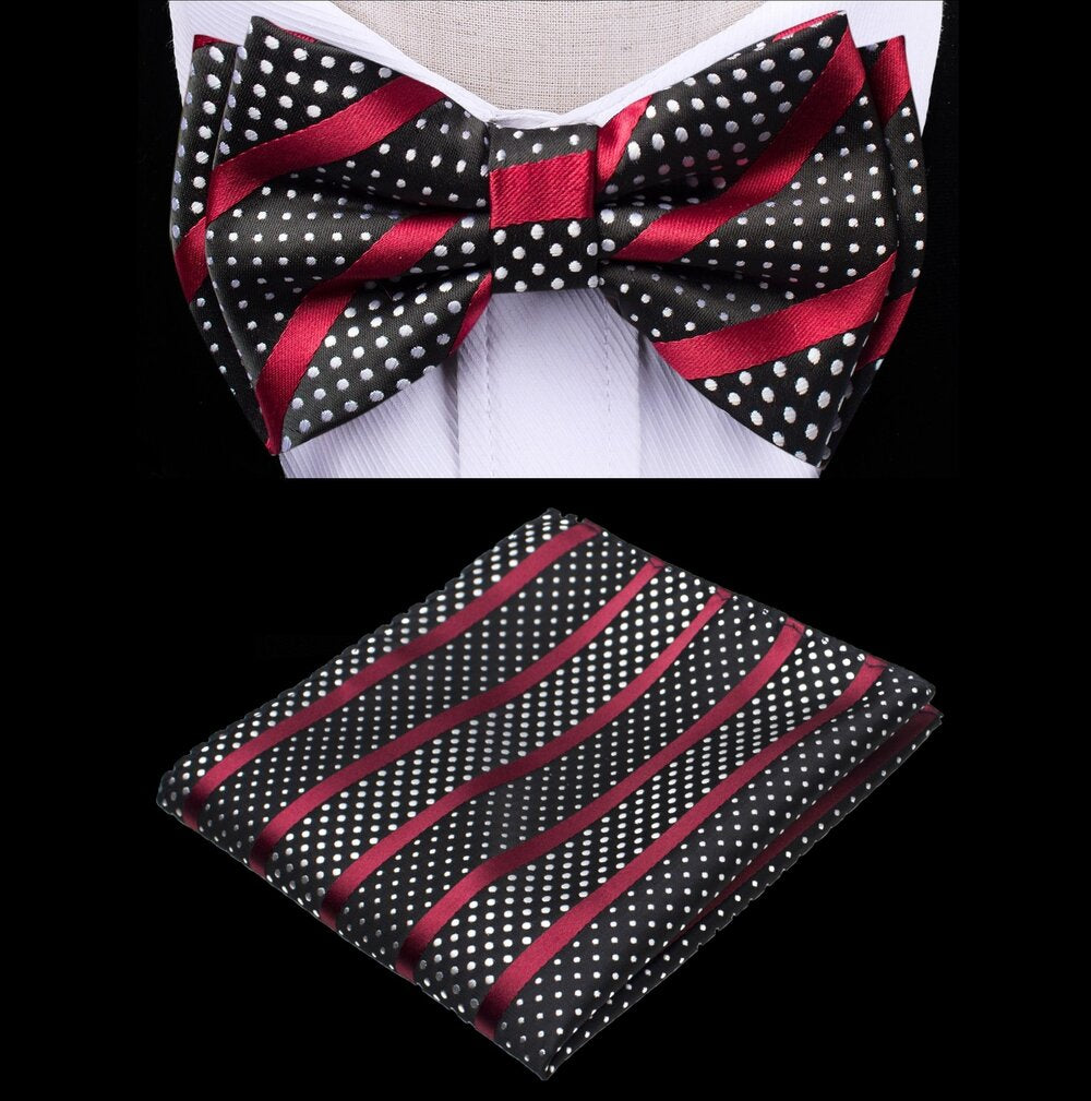 A Black, Red, White Color Polka Dot and Stripe Pattern Silk Kids Pre-Tied Bow Tie, Matching Pocket Square