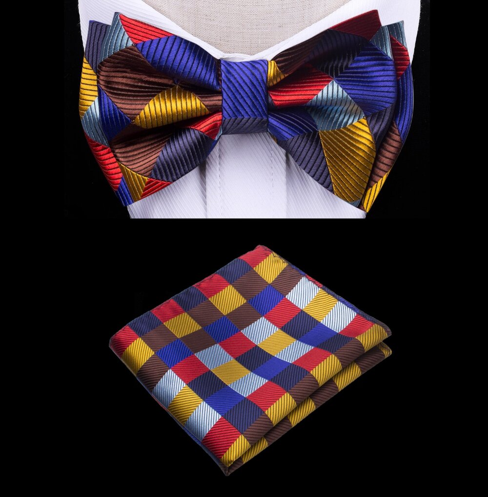 A Red, Blue, Gold, Brown Color Geometric Diamond Pattern Silk Kids Pre-Tied Bow Tie, Matching Pocket Square