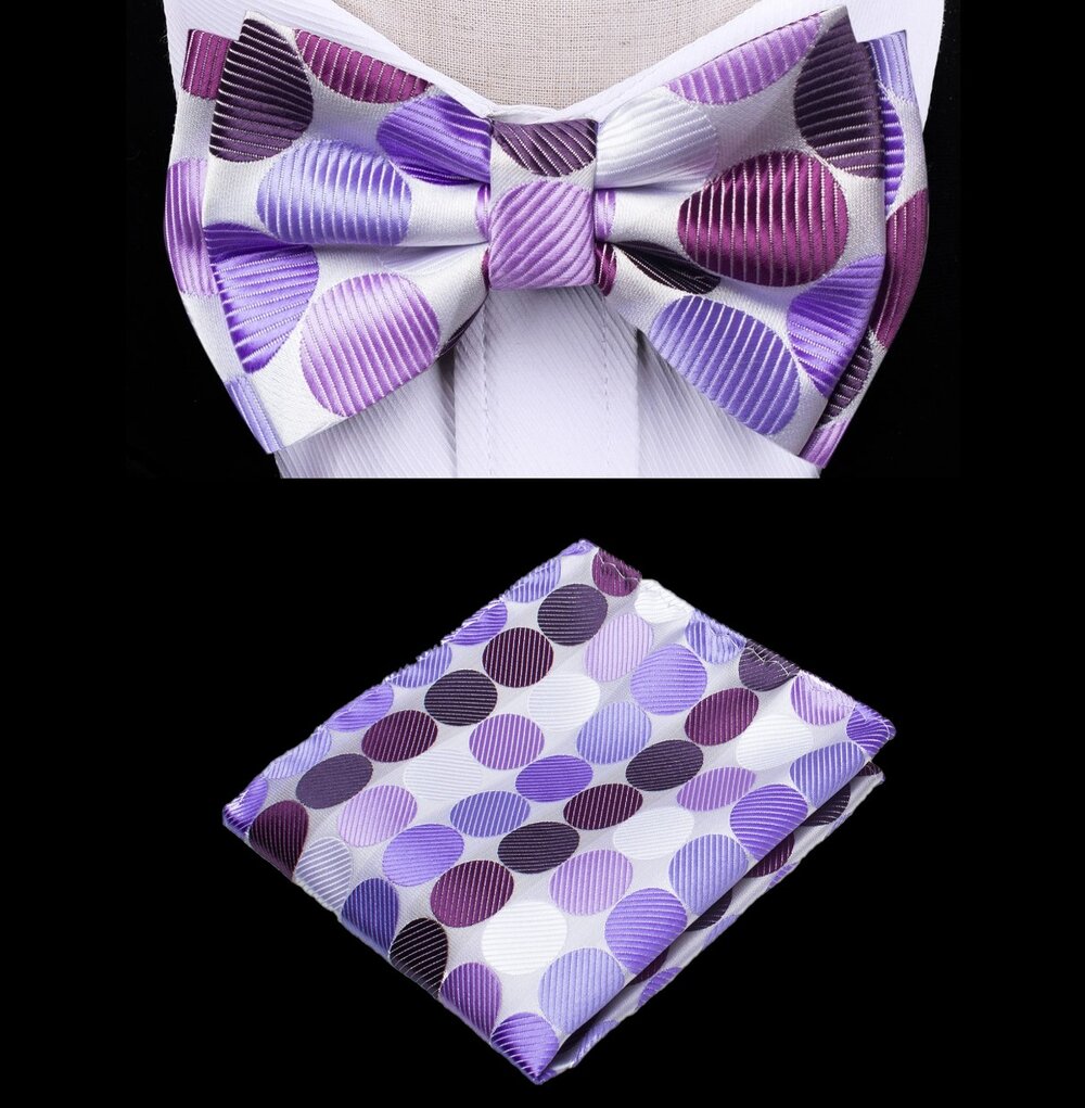A White, Light Purple, Purple Color With Polka Pattern Silk Kids Pre-Tied Bow Tie, Matching Pocket Square 
