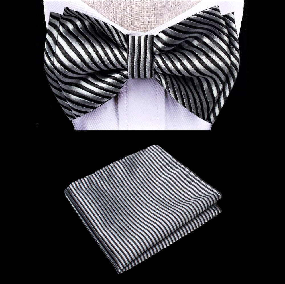 A Silver, Black Color With Stripe Pattern Silk Kids Pre-Tied Bow Tie, Matching Pocket Square