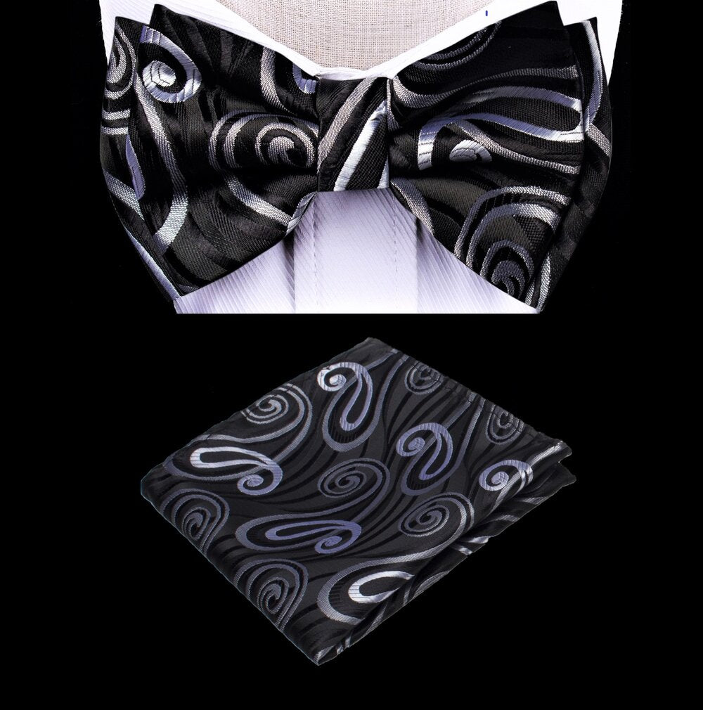 Black, Light Grey Large Paisley Bow Tie and Square