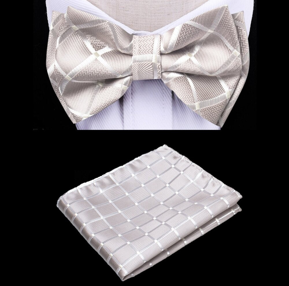 A Pearl Color Geometric Check Texture Pattern Silk Kids Pre-Tied Bow Tie, Matching Pocket Square