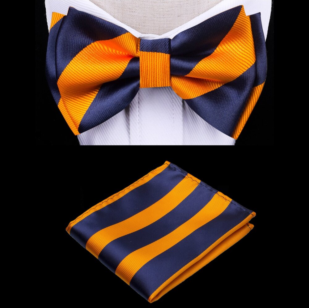 A Dark Blue, Orange Color With Stripe Pattern Silk Kids Pre-Tied Bow Tie, Matching Pocket Square
