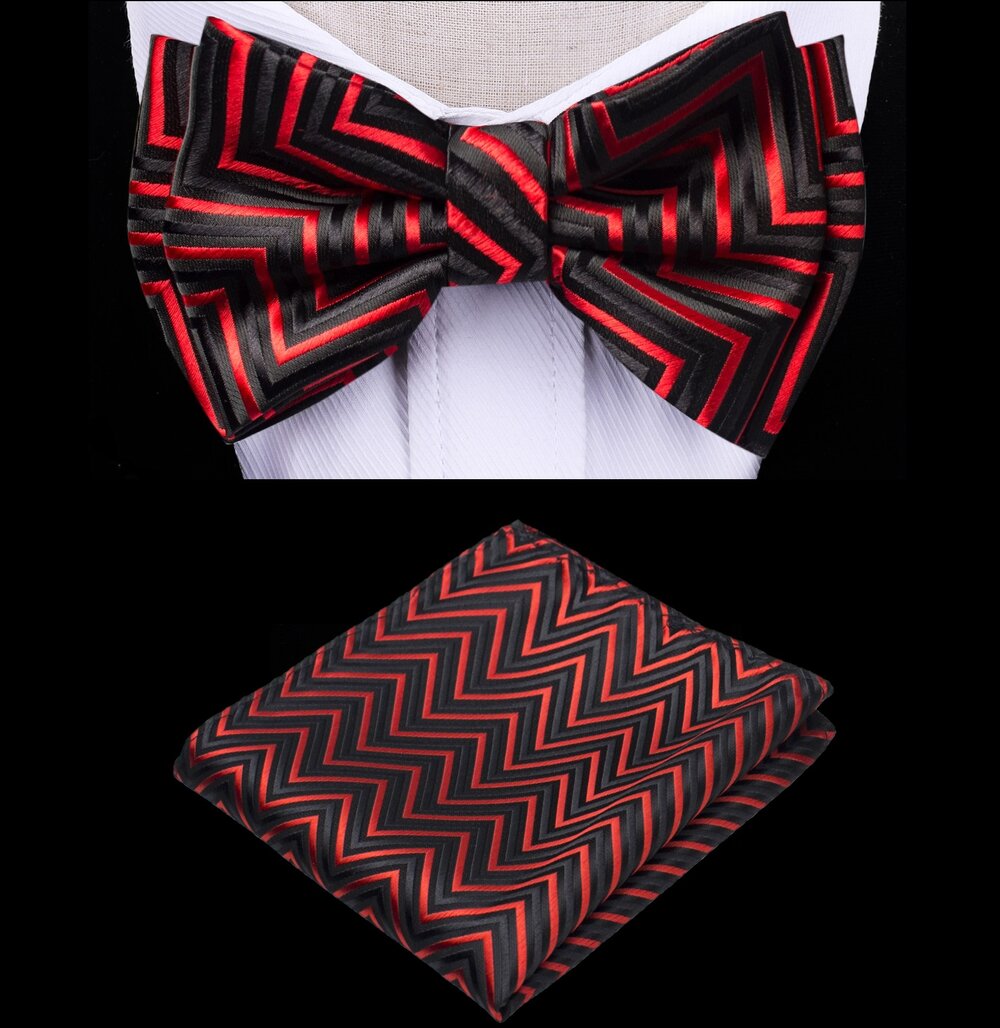 A Black, Red Color With Abstract Jagged Lines Pattern Silk Kids Pre-Tied Bow Tie, Matching Pocket Square