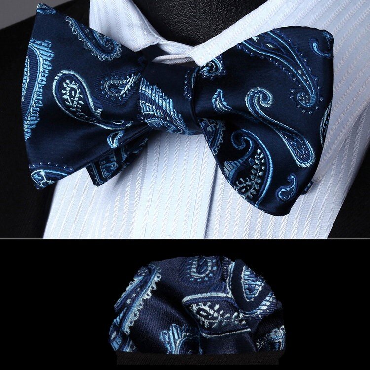 A Blue, Light Blue Paisley Pattern Silk Self Tie Bow Tie, Matching Pocket Square||Dark Blue, Light Blue, White||Dark Blue, Light Blue