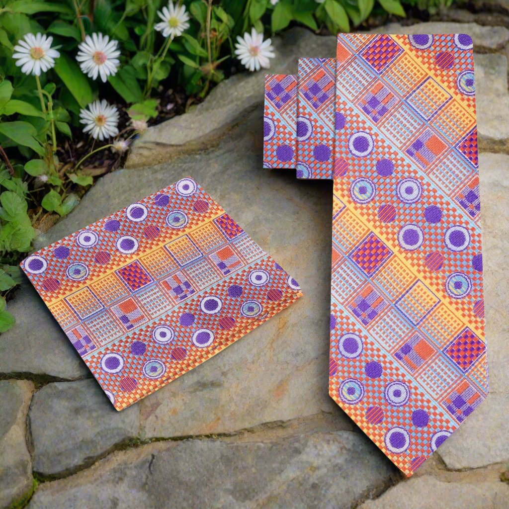 Alt View: Orange, Purple Circles and Squares Tie and Pocket Square