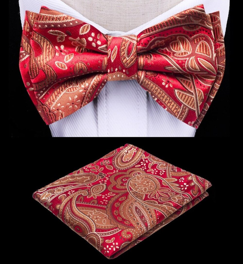 A Deep Red, Brown Color With Paisley Pattern Silk Kids Pre-Tied Bow Tie, Matching Pocket Square