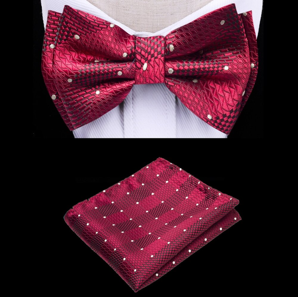 A Burgundy, White Color Geometric Texture with Dot Pattern Silk Kids Pre-Tied Bow Tie, Matching Pocket Square