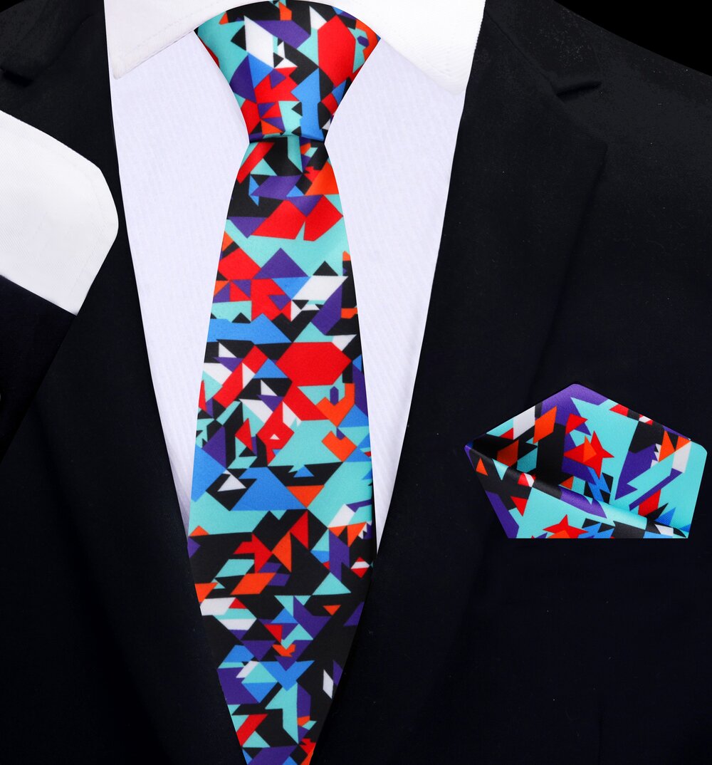 Thin Tie: Multi Color Abstract Shapes Tie and Pocket Square