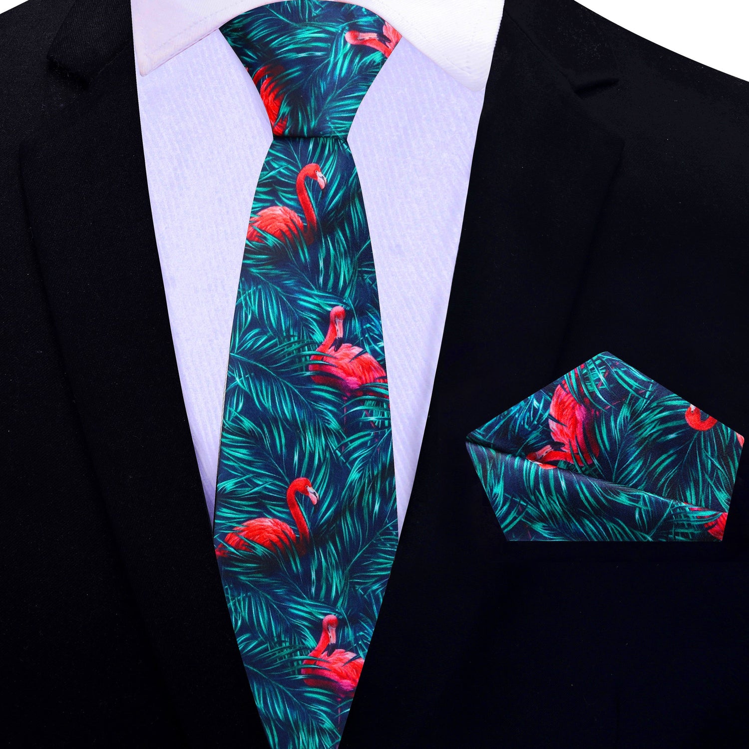 Blue, Green, Pink Leaves and Flamingos Thin Tie and Pocket Square