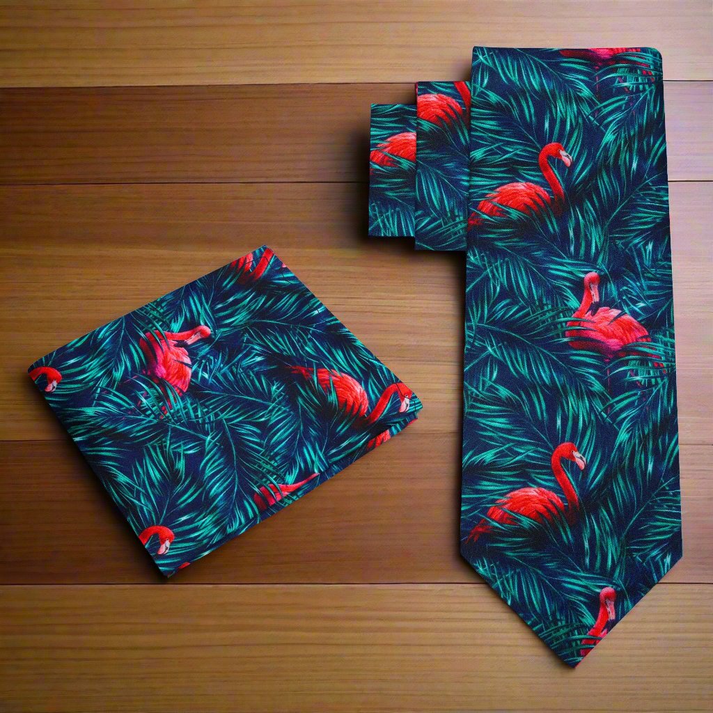 Alt View: Blue, Green, Pink Leaves and Flamingos Tie and Pocket Square