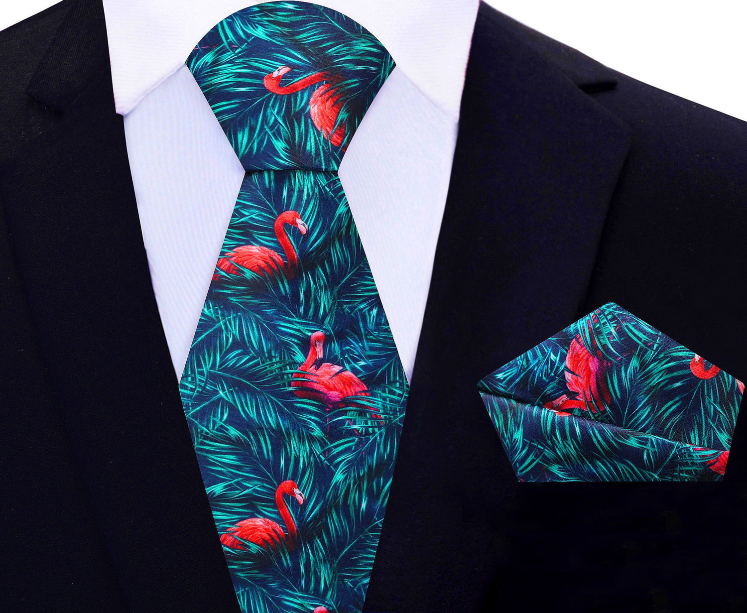 Blue, Green, Pink Leaves and Flamingos Tie and Pocket Square