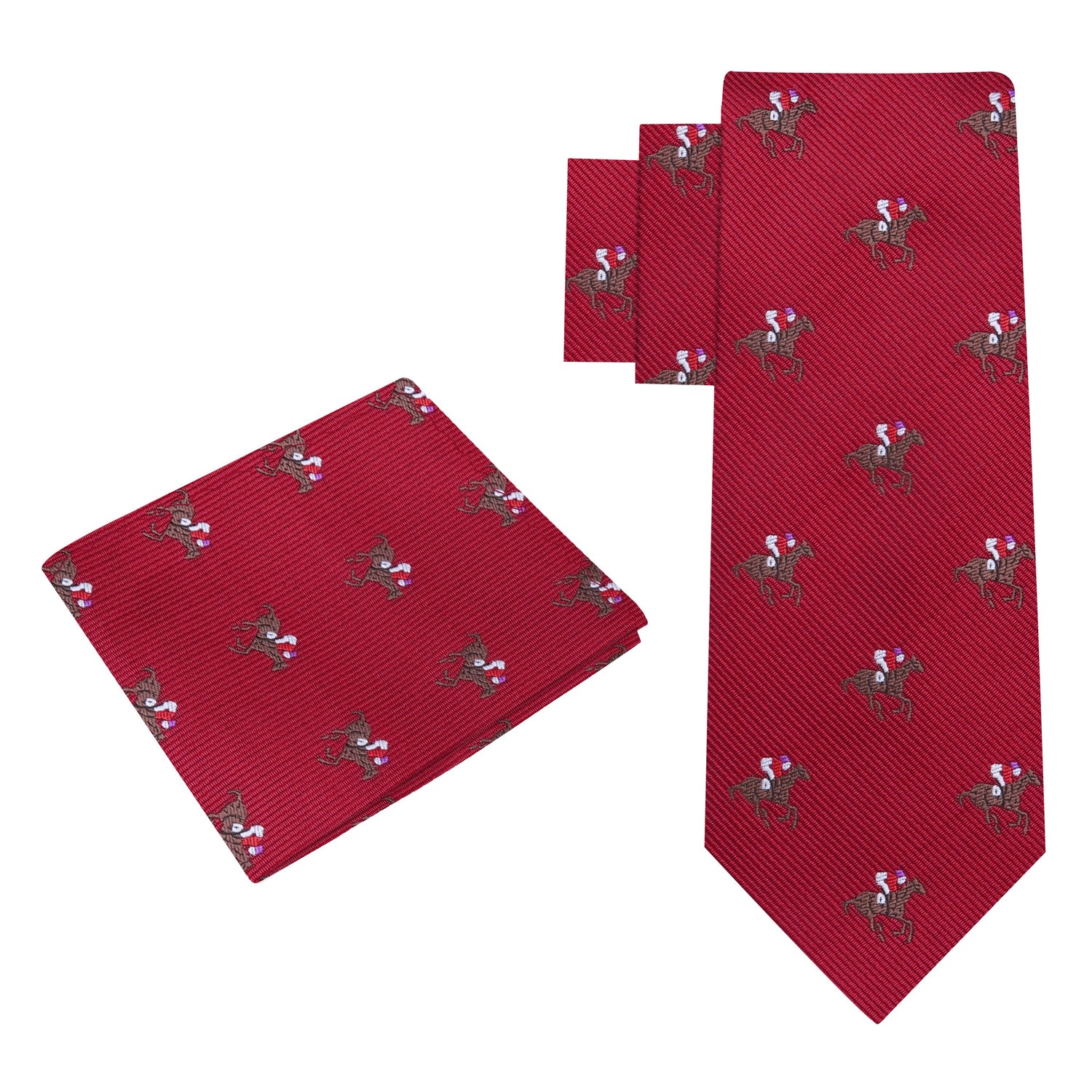 Alt View Red Brown White Racehorse and Jockey Thoroughbred Silk Necktie and Pocket Square