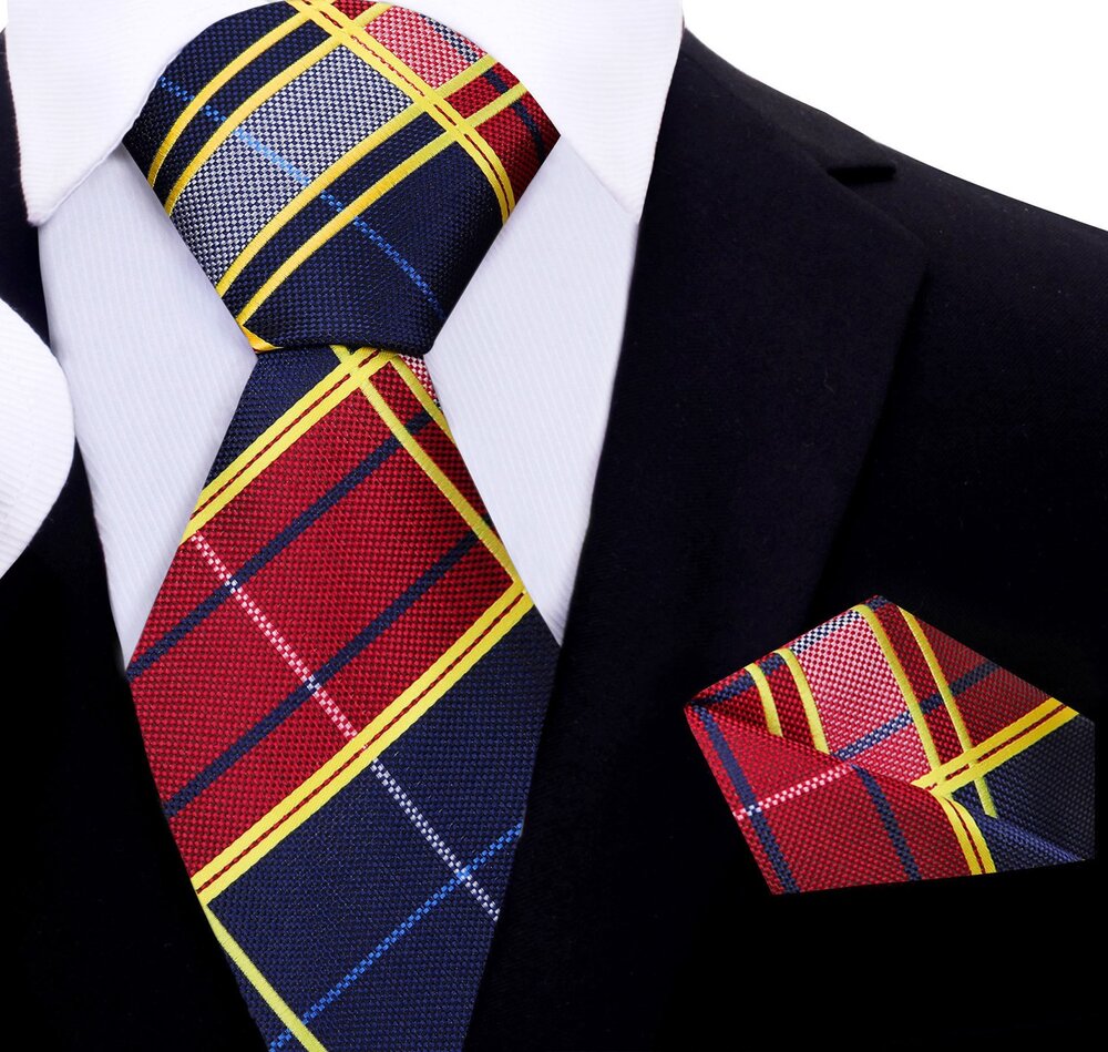Blue, Red, Yellow Plaid Tie and Pocket Square