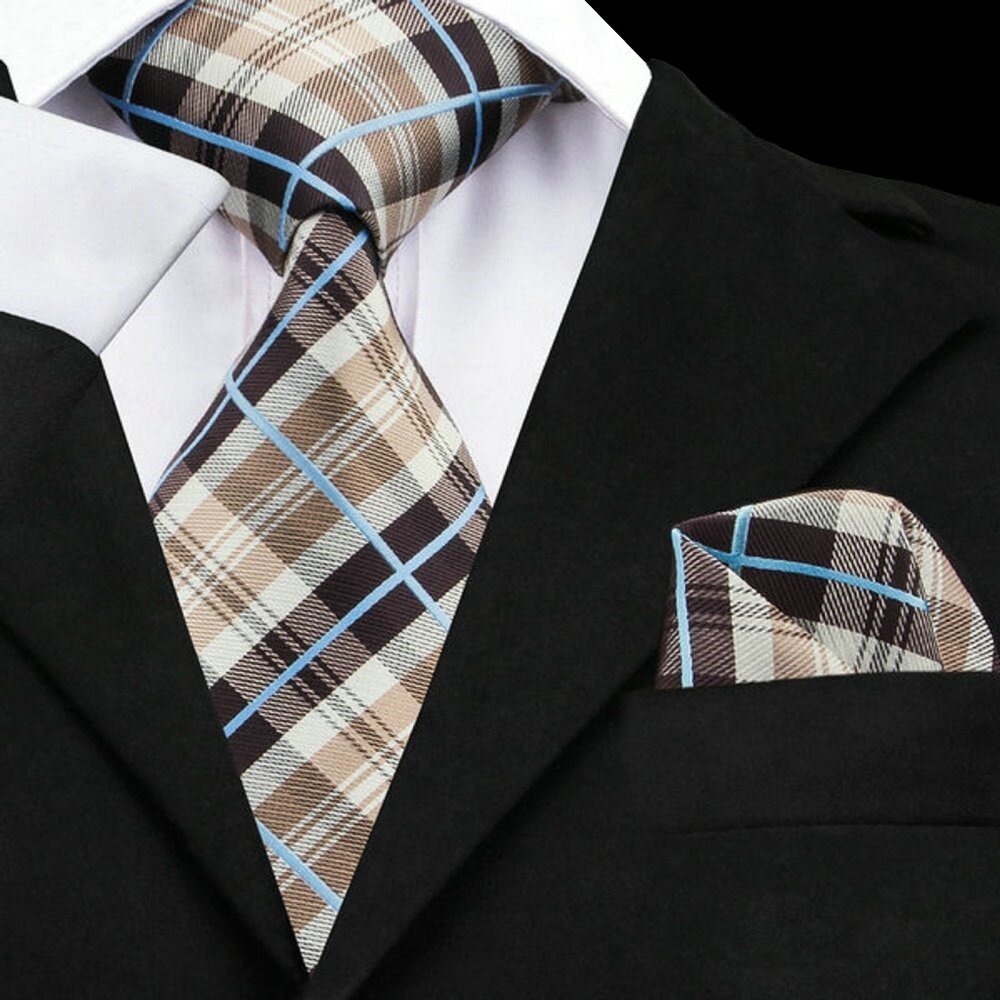 A Light Brown, Black, Light Blue Plaid Pattern Silk Necktie, Matching Pocket Square||Brown, Tan, Blue