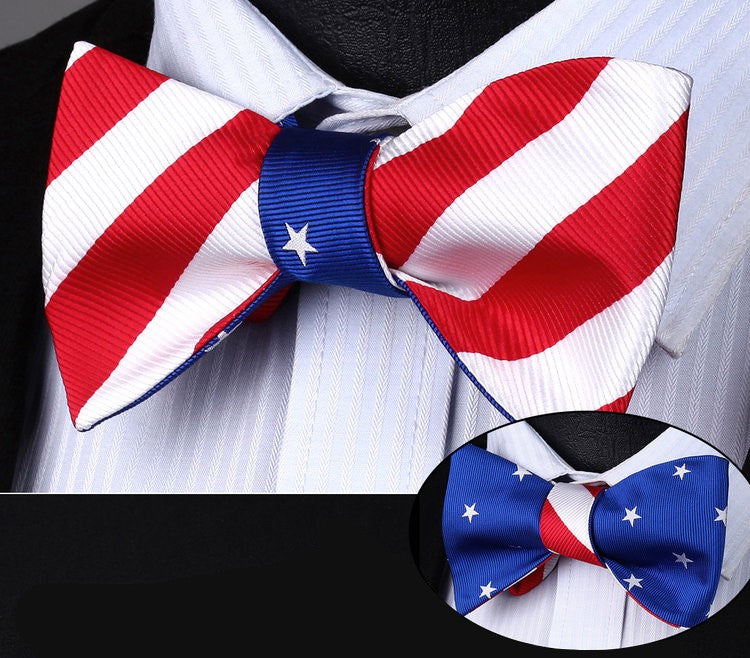 A Red, White, Blue Stars and Stripes Pattern Silk Self Tie Bow Tie