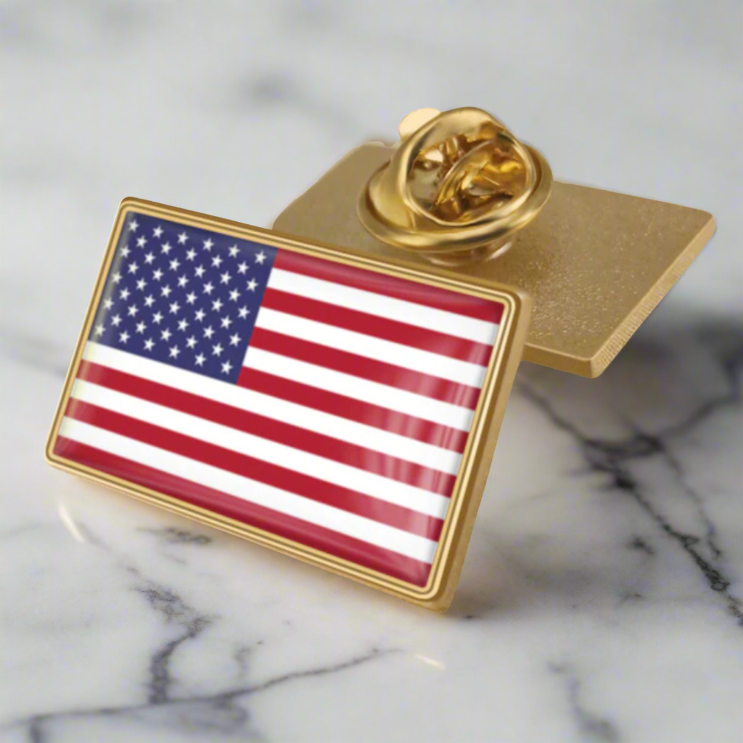 Main View: Gold metal rectangle American flag lapel pin||Gold Rectangle